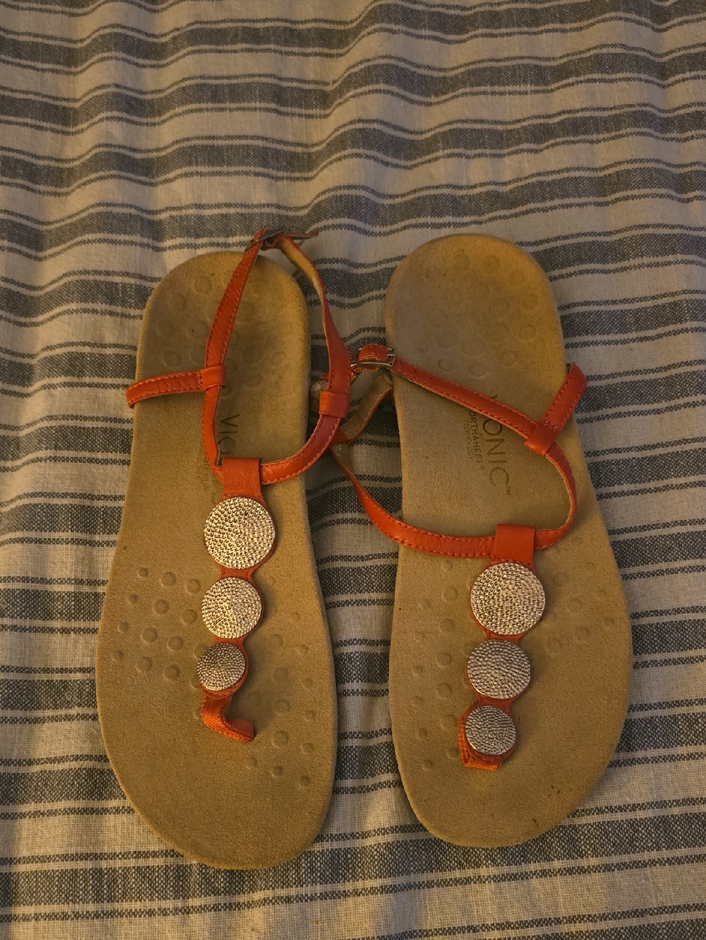 Vionic Orange T-Strap Women's Sandals with Metallic Accents